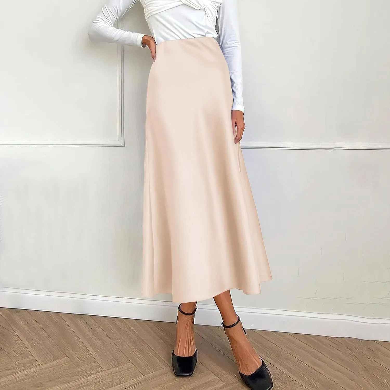 Women's Midi Satin Skirt Dressy Casual High Waisted A Line Flowy Ruffle Elegant Summer Party Cocktail Calf Length Skirts