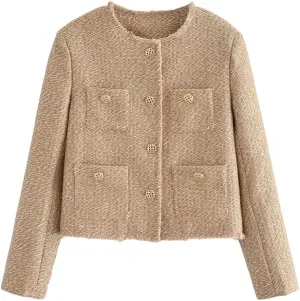 Women's O-Neck French Button Multi Pocket Decoration Coarse Spinning Jacket Coat