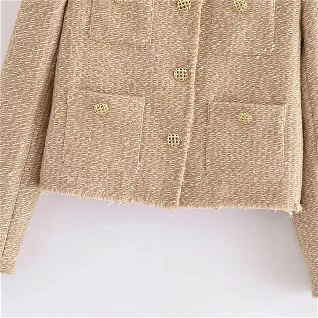 Women's O-Neck French Button Multi Pocket Decoration Coarse Spinning Jacket Coat