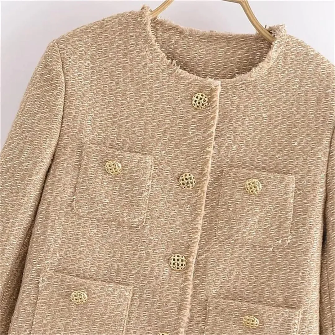 Women's O-Neck French Button Multi Pocket Decoration Coarse Spinning Jacket Coat