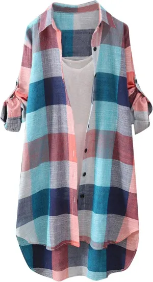 Womens Oversized Button Down Plaid Shacket Shirt with Pockets Roll Up Long Sleeve Casual Boyfriend Tunic Blouse Top