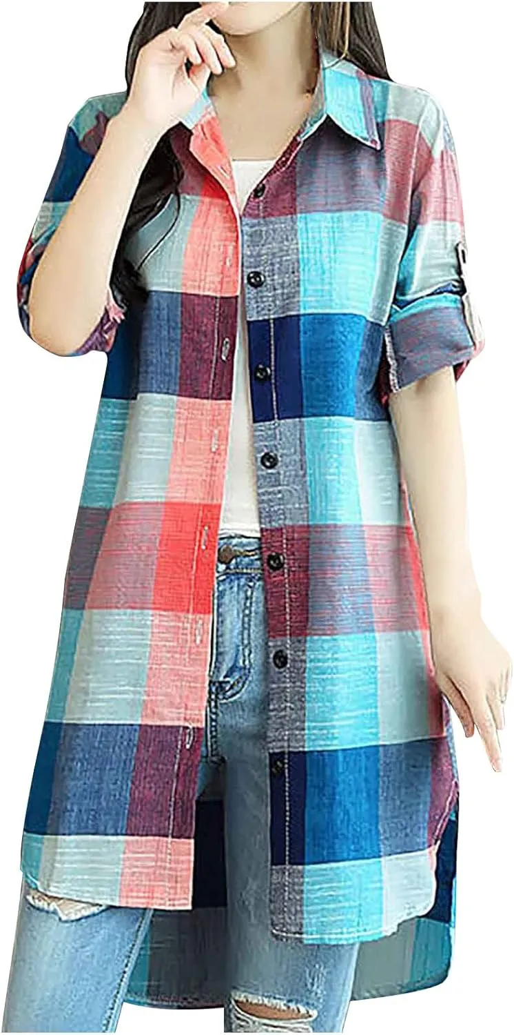 Womens Oversized Button Down Plaid Shacket Shirt with Pockets Roll Up Long Sleeve Casual Boyfriend Tunic Blouse Top