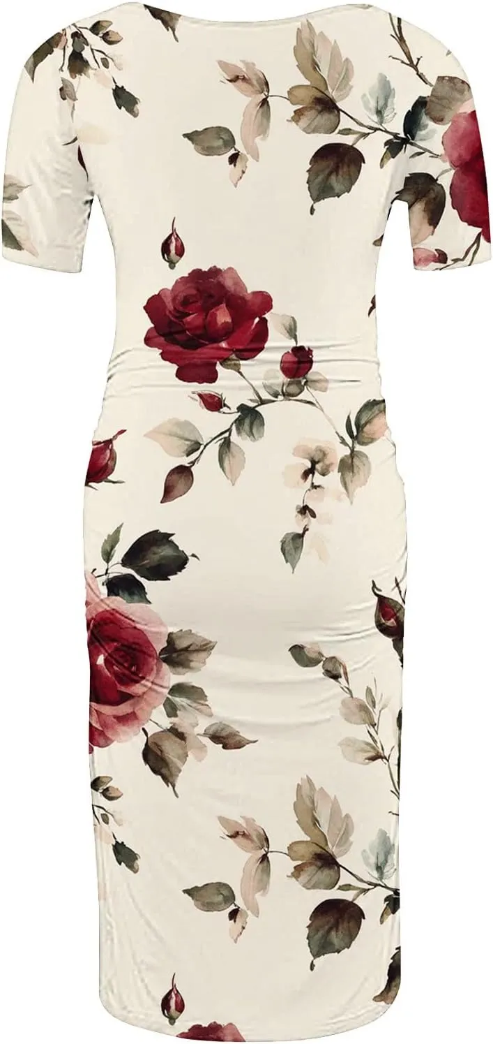 Women's Short Sleeve Maternity Dress Cute Floral Print Summer Casual T-Shirt Dresses Comfy Pregnancy Clothes