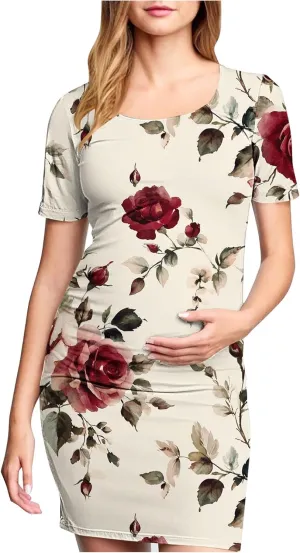 Women's Short Sleeve Maternity Dress Cute Floral Print Summer Casual T-Shirt Dresses Comfy Pregnancy Clothes