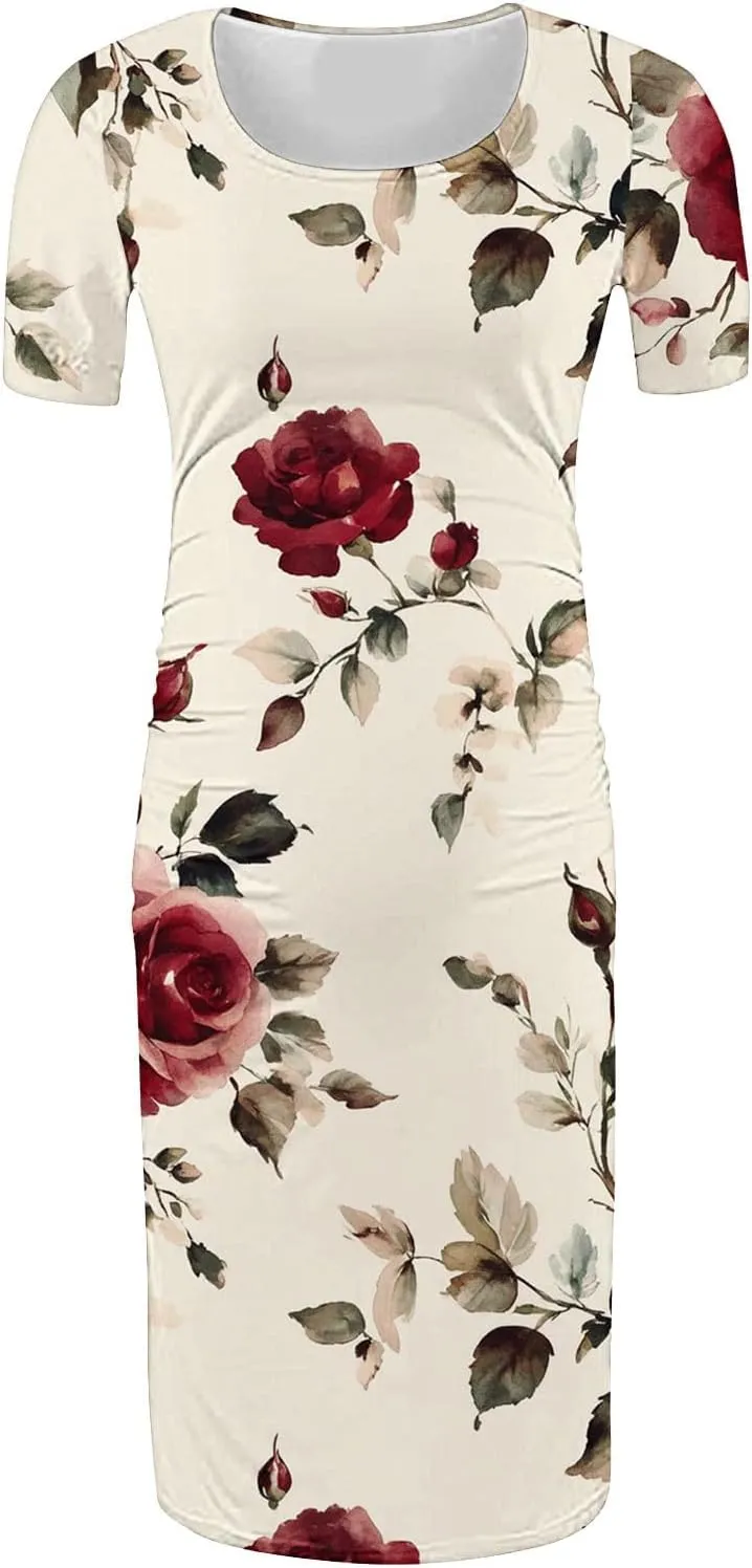 Women's Short Sleeve Maternity Dress Cute Floral Print Summer Casual T-Shirt Dresses Comfy Pregnancy Clothes