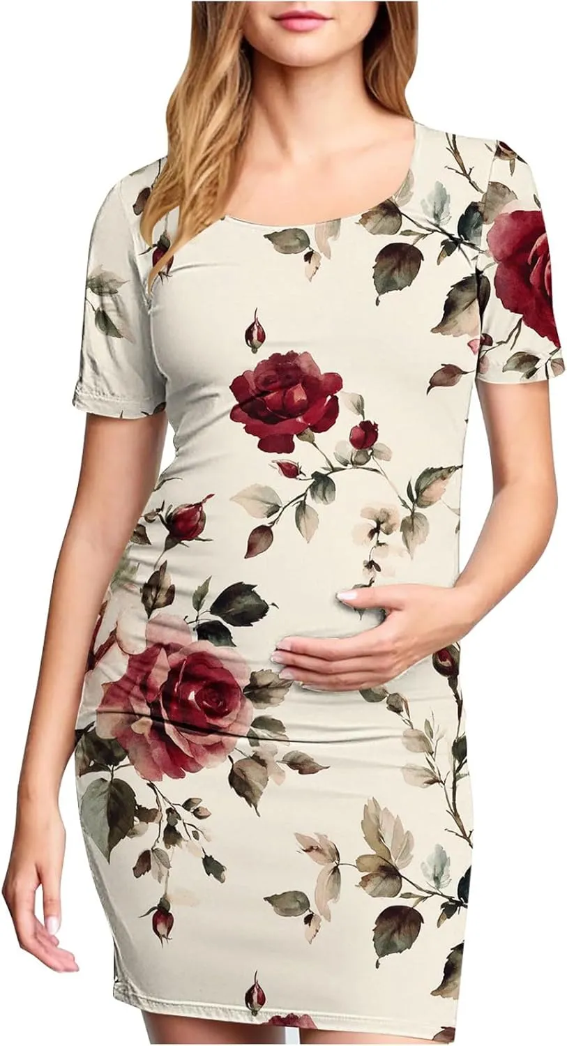 Women's Short Sleeve Maternity Dress Cute Floral Print Summer Casual T-Shirt Dresses Comfy Pregnancy Clothes