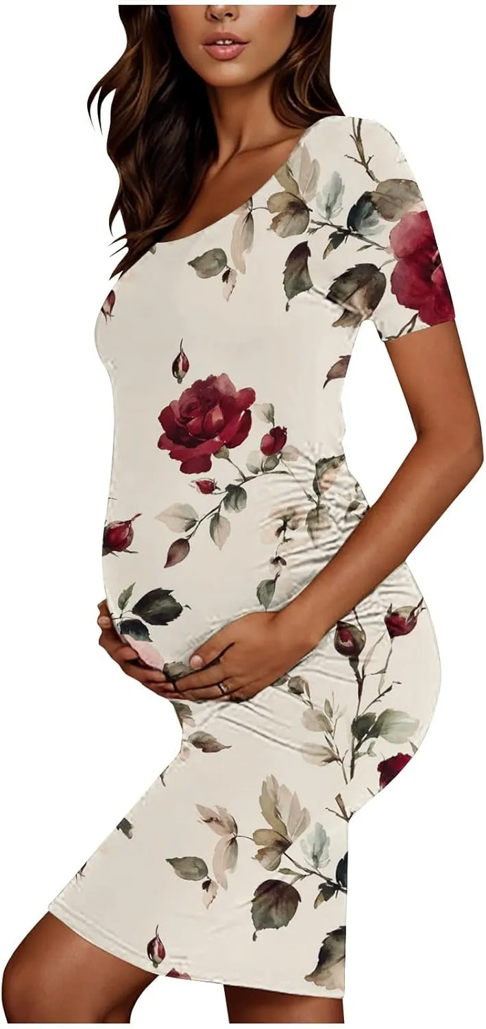Women's Short Sleeve Maternity Dress Cute Floral Print Summer Casual T-Shirt Dresses Comfy Pregnancy Clothes