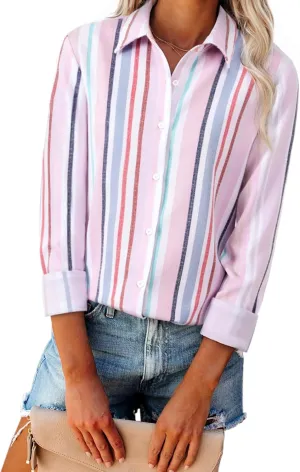Women's Striped Button Down Shirts Linen Shirts Long Sleeve Collared Blouses Boyfriends Loose Tunics Tops