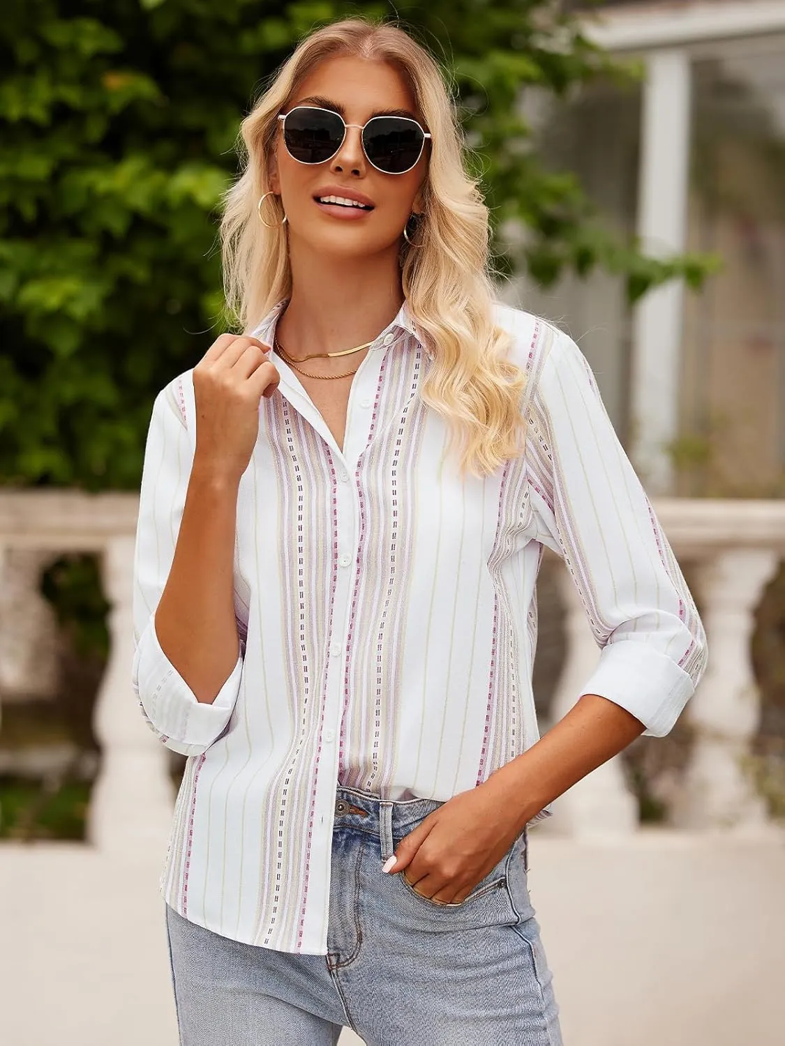 Women's Striped Button Down Shirts Linen Shirts Long Sleeve Collared Blouses Boyfriends Loose Tunics Tops