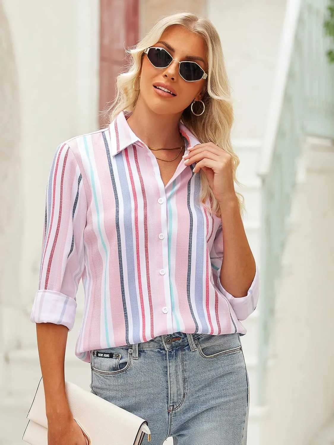 Women's Striped Button Down Shirts Linen Shirts Long Sleeve Collared Blouses Boyfriends Loose Tunics Tops
