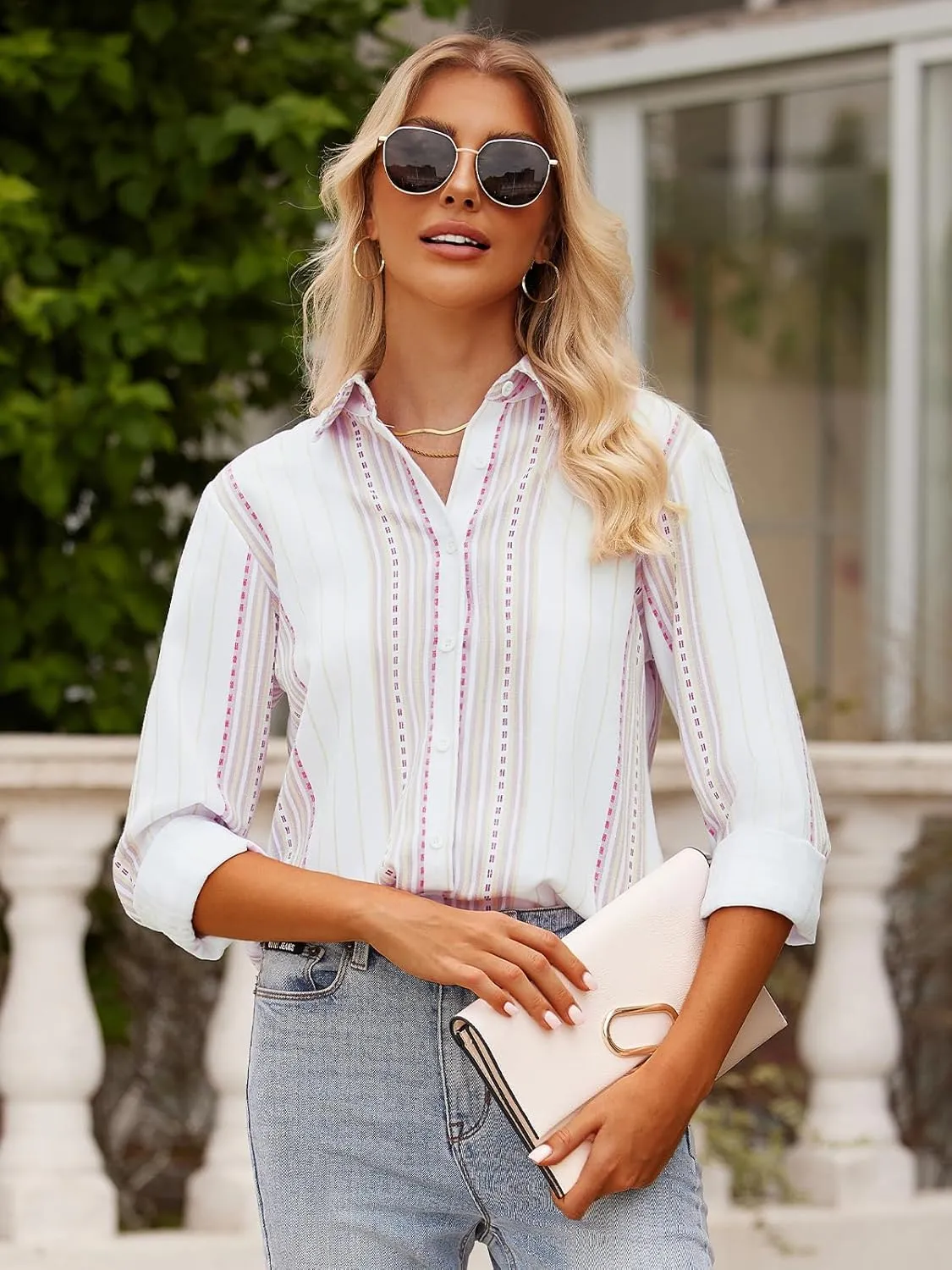 Women's Striped Button Down Shirts Linen Shirts Long Sleeve Collared Blouses Boyfriends Loose Tunics Tops