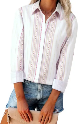 Women's Striped Button Down Shirts Linen Shirts Long Sleeve Collared Blouses Boyfriends Loose Tunics Tops