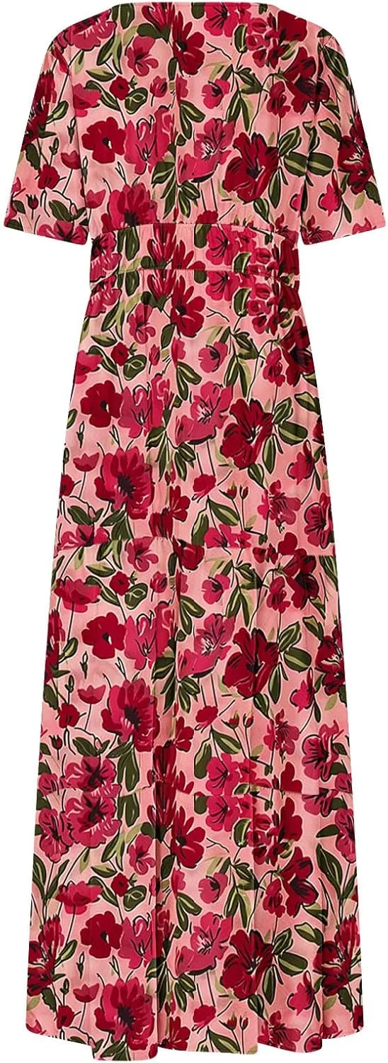 Womens Summer Floral Maxi Dress Boho Shoet Sleeve V Neck Elastic Waist A Line Elegant Flowy Dresses Vacation Clothes
