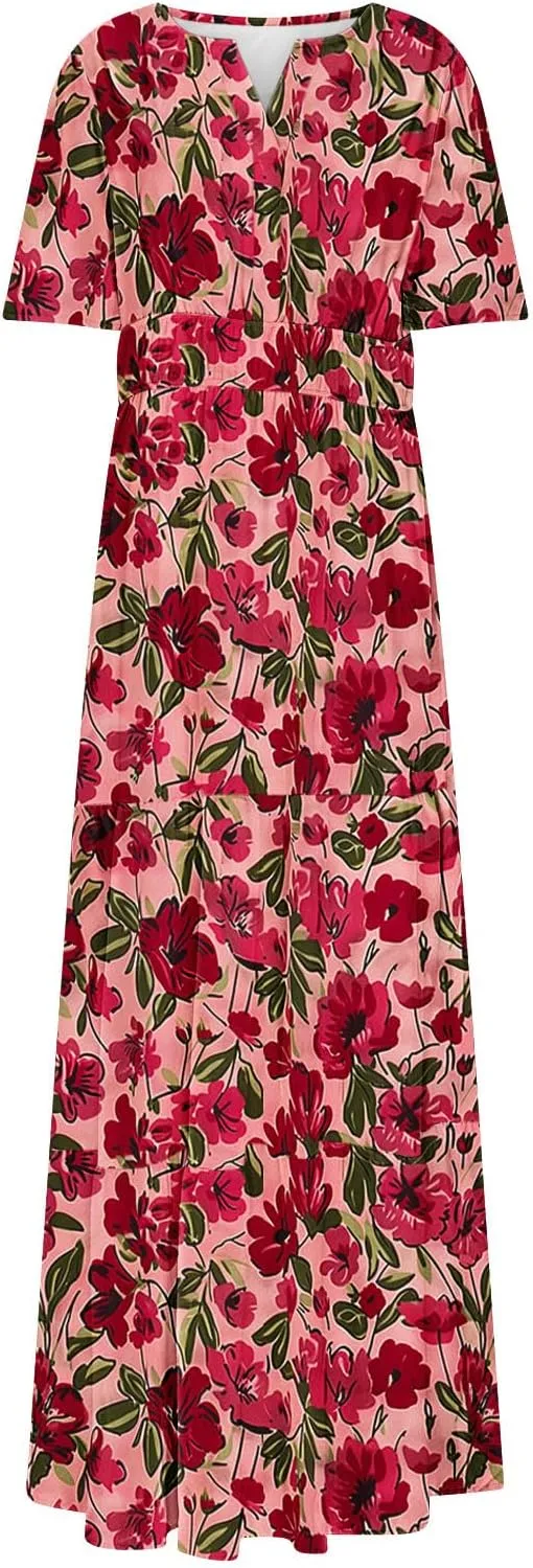 Womens Summer Floral Maxi Dress Boho Shoet Sleeve V Neck Elastic Waist A Line Elegant Flowy Dresses Vacation Clothes