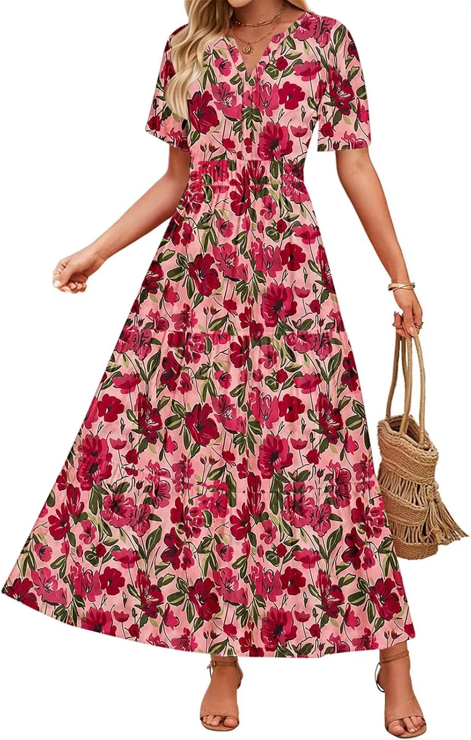 Womens Summer Floral Maxi Dress Boho Shoet Sleeve V Neck Elastic Waist A Line Elegant Flowy Dresses Vacation Clothes