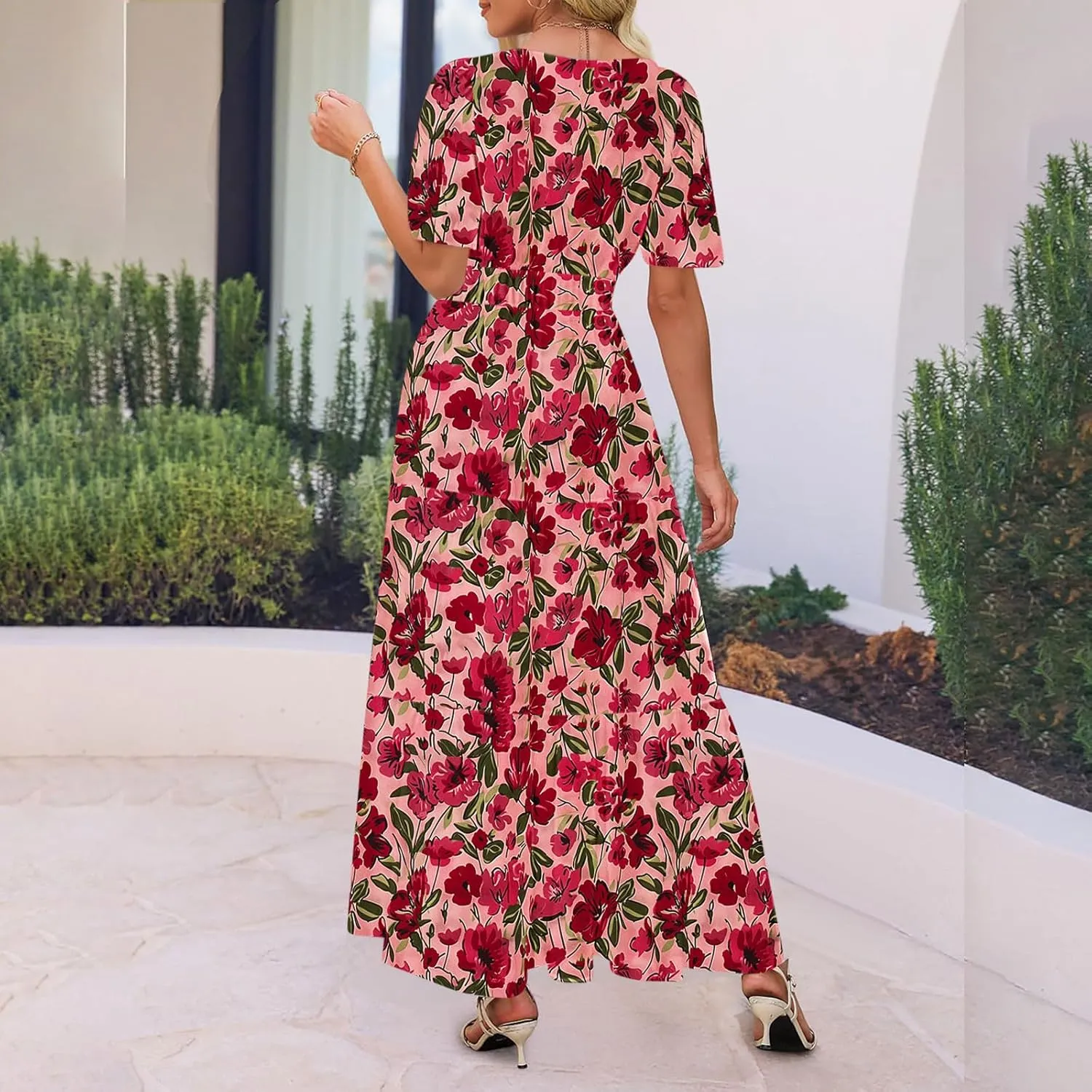 Womens Summer Floral Maxi Dress Boho Shoet Sleeve V Neck Elastic Waist A Line Elegant Flowy Dresses Vacation Clothes