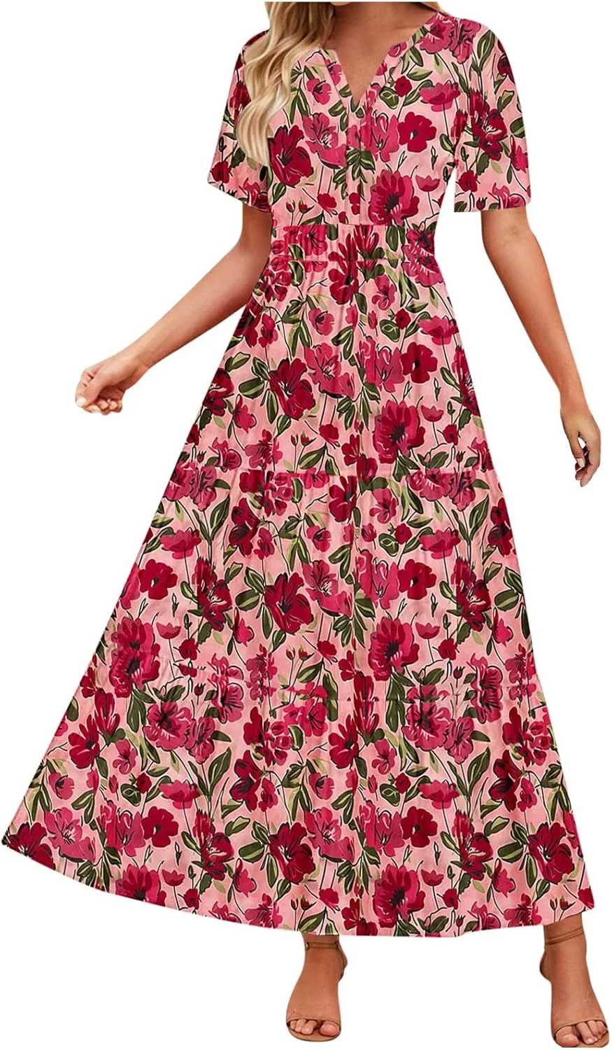 Womens Summer Floral Maxi Dress Boho Shoet Sleeve V Neck Elastic Waist A Line Elegant Flowy Dresses Vacation Clothes