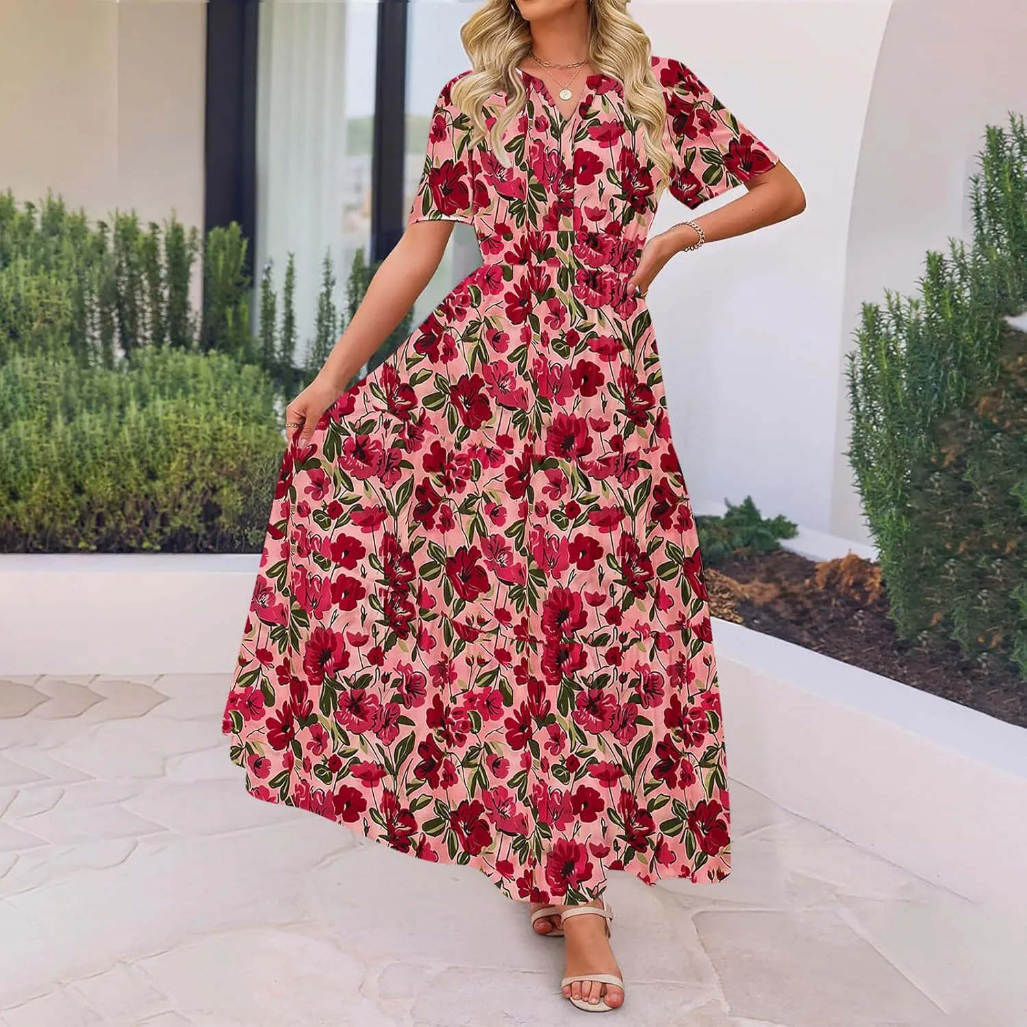 Womens Summer Floral Maxi Dress Boho Shoet Sleeve V Neck Elastic Waist A Line Elegant Flowy Dresses Vacation Clothes