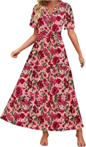 Womens Summer Floral Maxi Dress Boho Shoet Sleeve V Neck Elastic Waist A Line Elegant Flowy Dresses Vacation Clothes
