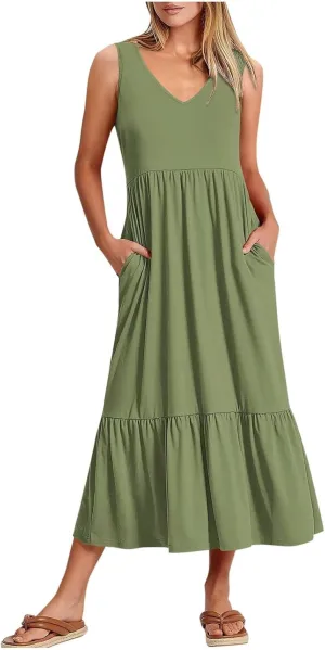 Women's Summer Maxi Casual Dresses 2024 Cold Shoulder V Neck Short Sleeve Dress