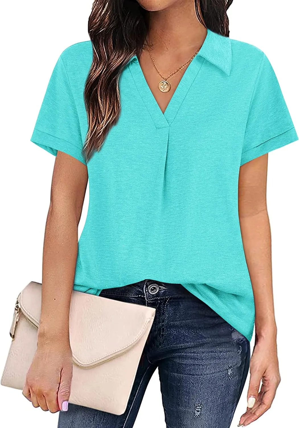 Womens V Neck Collared Shirt Short Sleeve Work Polo T Shirts Summer Dressy Casual Loose Fit Tunic Tops and Blouses