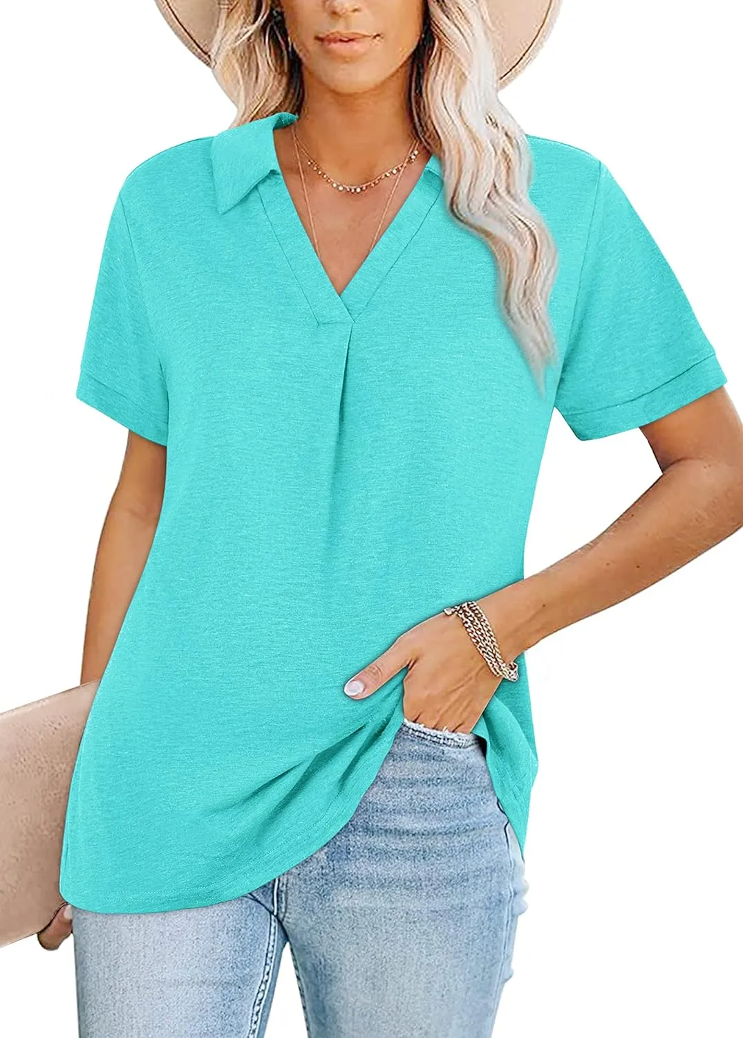 Womens V Neck Collared Shirt Short Sleeve Work Polo T Shirts Summer Dressy Casual Loose Fit Tunic Tops and Blouses