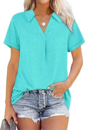 Womens V Neck Collared Shirt Short Sleeve Work Polo T Shirts Summer Dressy Casual Loose Fit Tunic Tops and Blouses