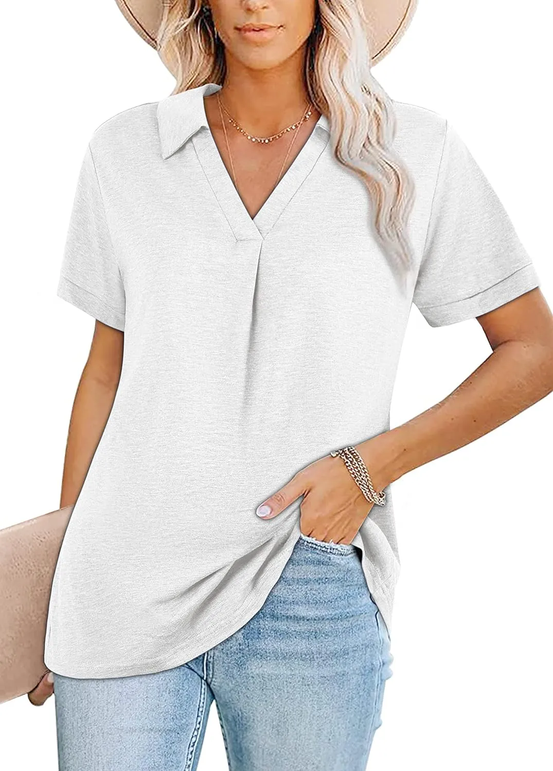 Womens V Neck Collared Shirt Short Sleeve Work Polo T Shirts Summer Dressy Casual Loose Fit Tunic Tops and Blouses