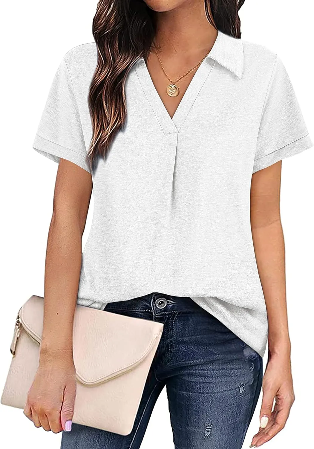 Womens V Neck Collared Shirt Short Sleeve Work Polo T Shirts Summer Dressy Casual Loose Fit Tunic Tops and Blouses