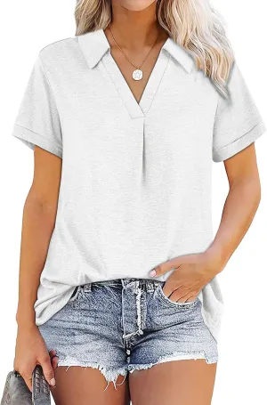 Womens V Neck Collared Shirt Short Sleeve Work Polo T Shirts Summer Dressy Casual Loose Fit Tunic Tops and Blouses