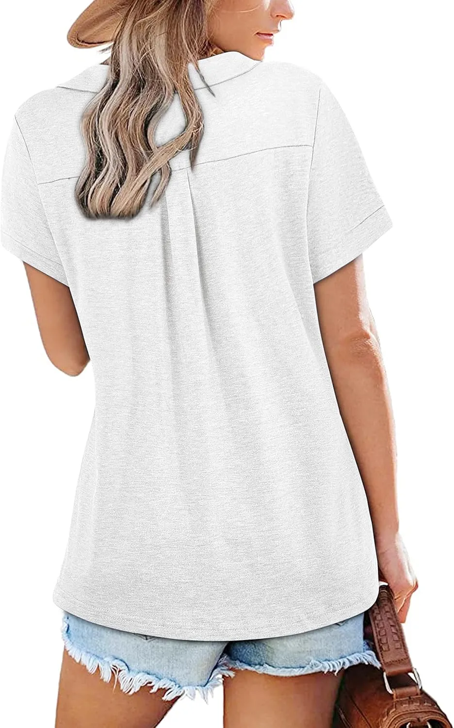 Womens V Neck Collared Shirt Short Sleeve Work Polo T Shirts Summer Dressy Casual Loose Fit Tunic Tops and Blouses