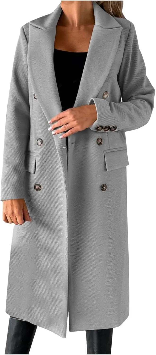Wool Blend Coats for Women Elegant Double Breasted Long Pea Coats Fall Fashion Winter Notched Lapel Jackets Overcoat