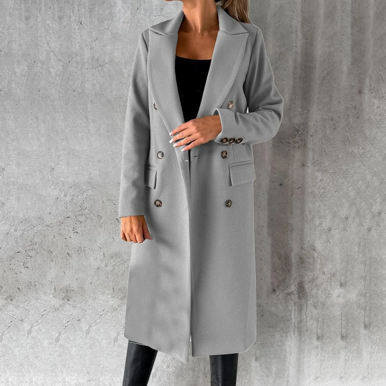 Wool Blend Coats for Women Elegant Double Breasted Long Pea Coats Fall Fashion Winter Notched Lapel Jackets Overcoat