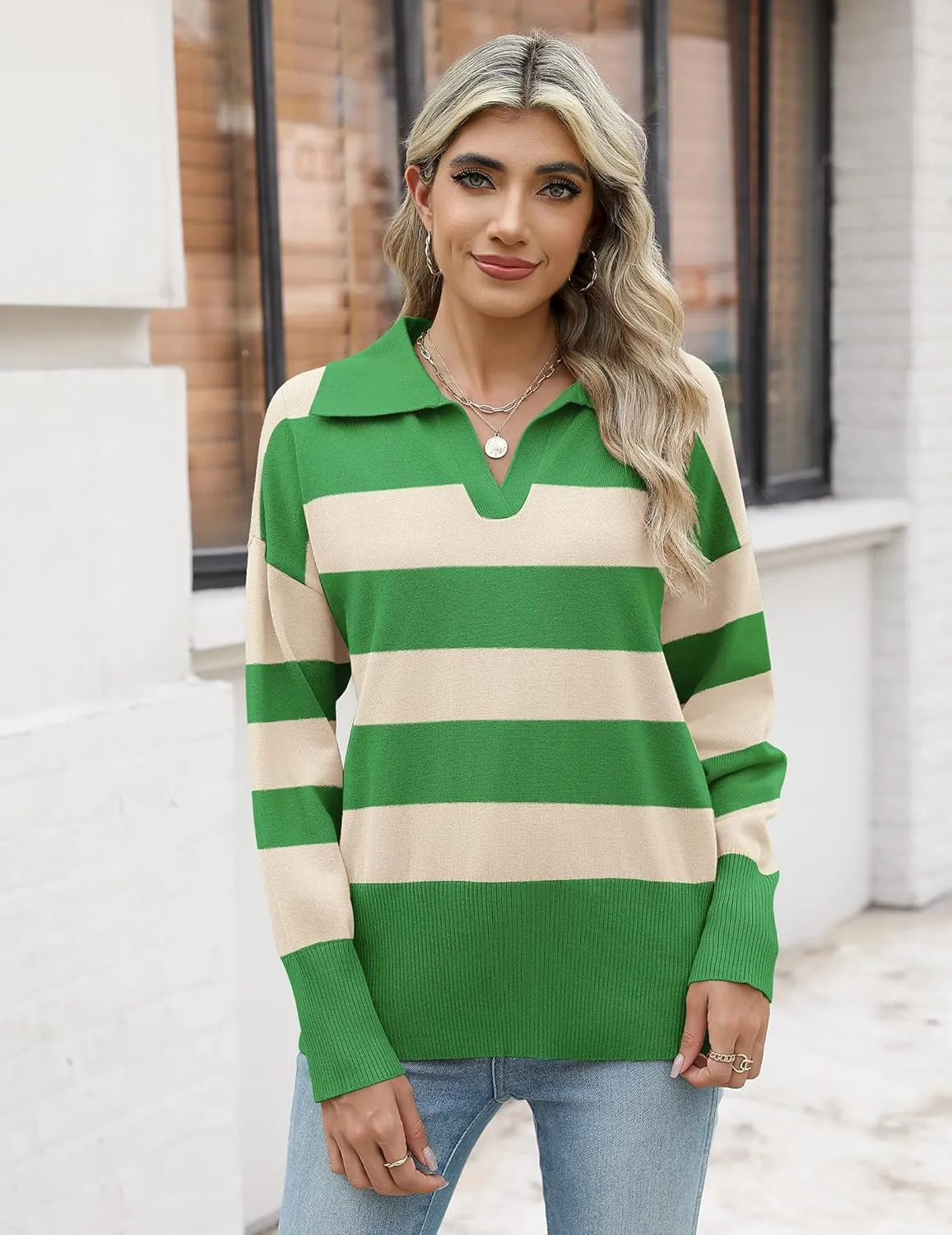 Zeagoo Women's 2024 V Neck Striped Sweater Long Sleeve Oversized Fashion Knitted Pullover Fall Sweaters Tops