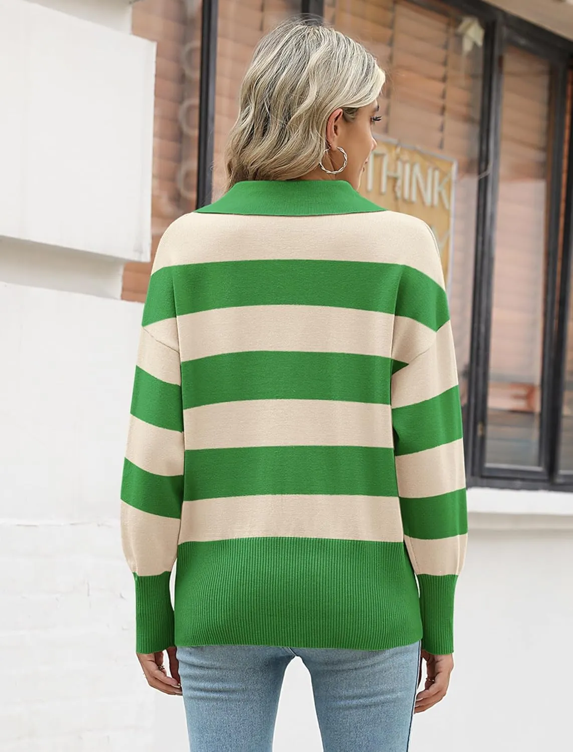Zeagoo Women's 2024 V Neck Striped Sweater Long Sleeve Oversized Fashion Knitted Pullover Fall Sweaters Tops