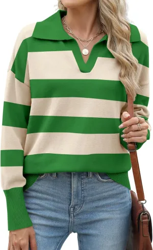 Zeagoo Women's 2024 V Neck Striped Sweater Long Sleeve Oversized Fashion Knitted Pullover Fall Sweaters Tops