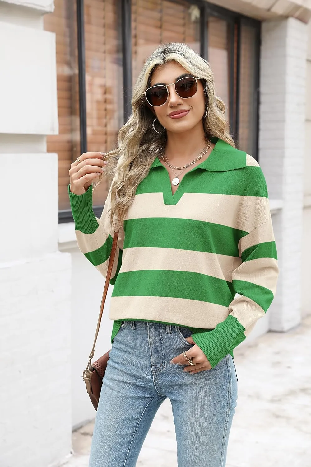 Zeagoo Women's 2024 V Neck Striped Sweater Long Sleeve Oversized Fashion Knitted Pullover Fall Sweaters Tops